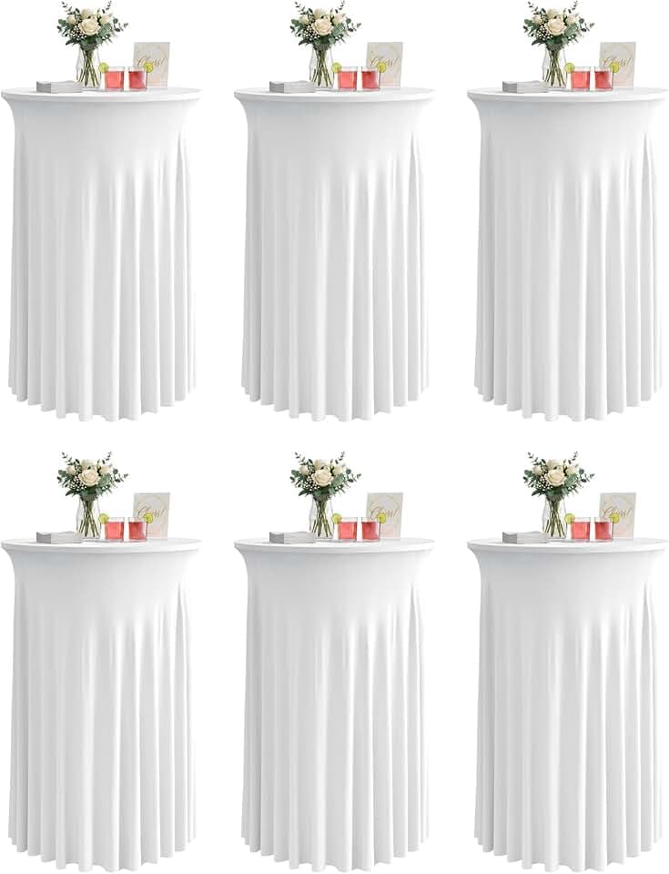 Round Spandex Cocktail Table Covers with Skirts, 32x43 Inch, White, 6 Pack