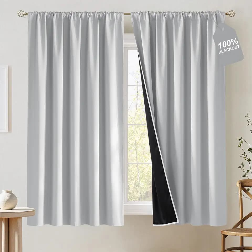 NICETOWN Greyish White 100% Blackout 63 inch Curtains for Bedroom, Rod Pocket Thermal Insulated Window Treatment Sound Reducing for Kids Room, W52 x L63, 2 Panels