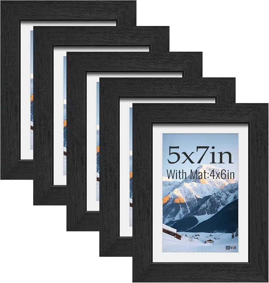 VCK 5x7 Picture Frame 5 Pack - Black Wood, Tempered Glass, for Photo