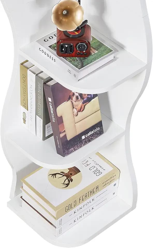VECELO 6-Tier Compact Wave Corner Bookcase with LED Lights, Small Narrow Freestanding Bookshelf for Small Spaces, Living Room, Bedroom, Home Office (White)