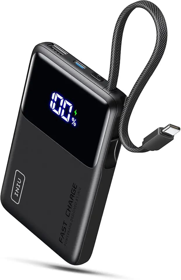 INIU 45W Power Bank, Ultra Klein 10000mAh mit Integriertem USB-C Kabel