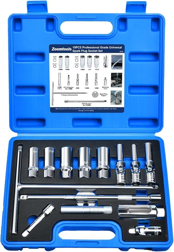 15tlg Magnetischer Zündkerzenschlüssel-Set (14mm, 16mm, 18mm, 3/4", 13/16") mit T-Griff-Verlängerung, Glühkerzenschlüssel-Set (8-12mm), Zündkerzen-Einstellschlüssel und Kardangelenk