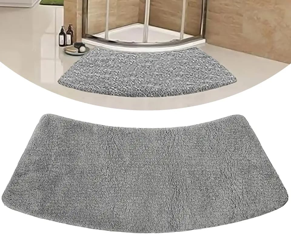 Funvalley Surperfect Grey Shag Curved Bath Rug,40''x14'' Non Slip Bath Mat for Bathroom Luxury Chenille Bathroom Corner Rug for Showers Floor Tub Soft and Absorbent Machine Washable