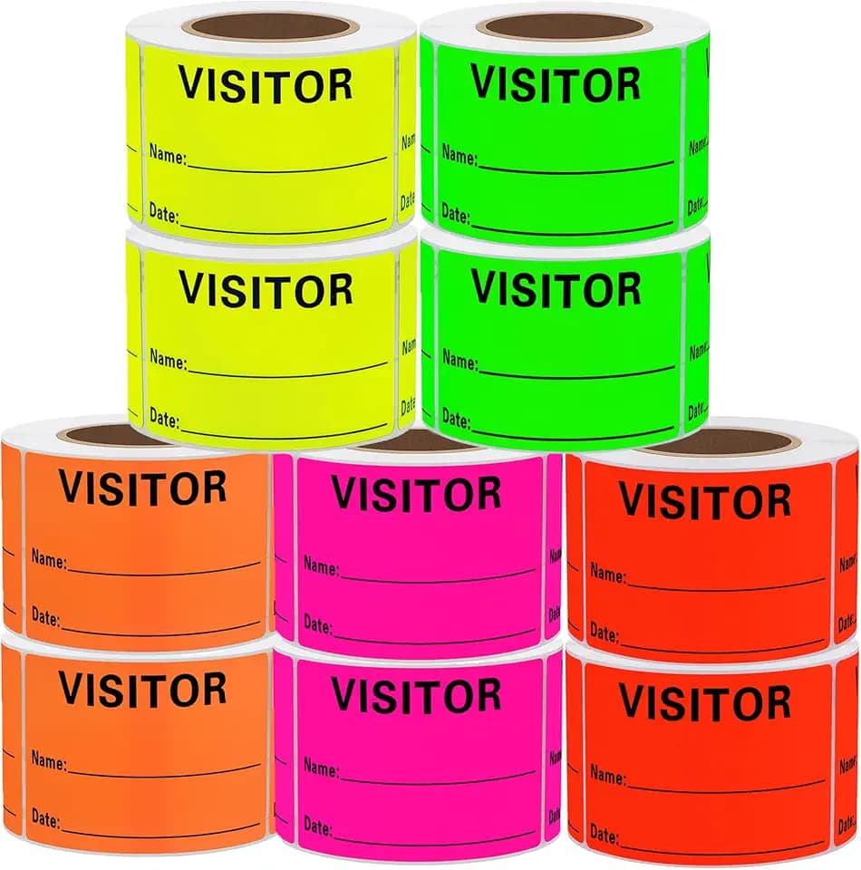 Visitor Pass Stickers Name Identification Tag Labels Writable 2×3 Inch Fluorescent, 2 Rolls Per Color, 10 Rolls Total 3000 Stickers