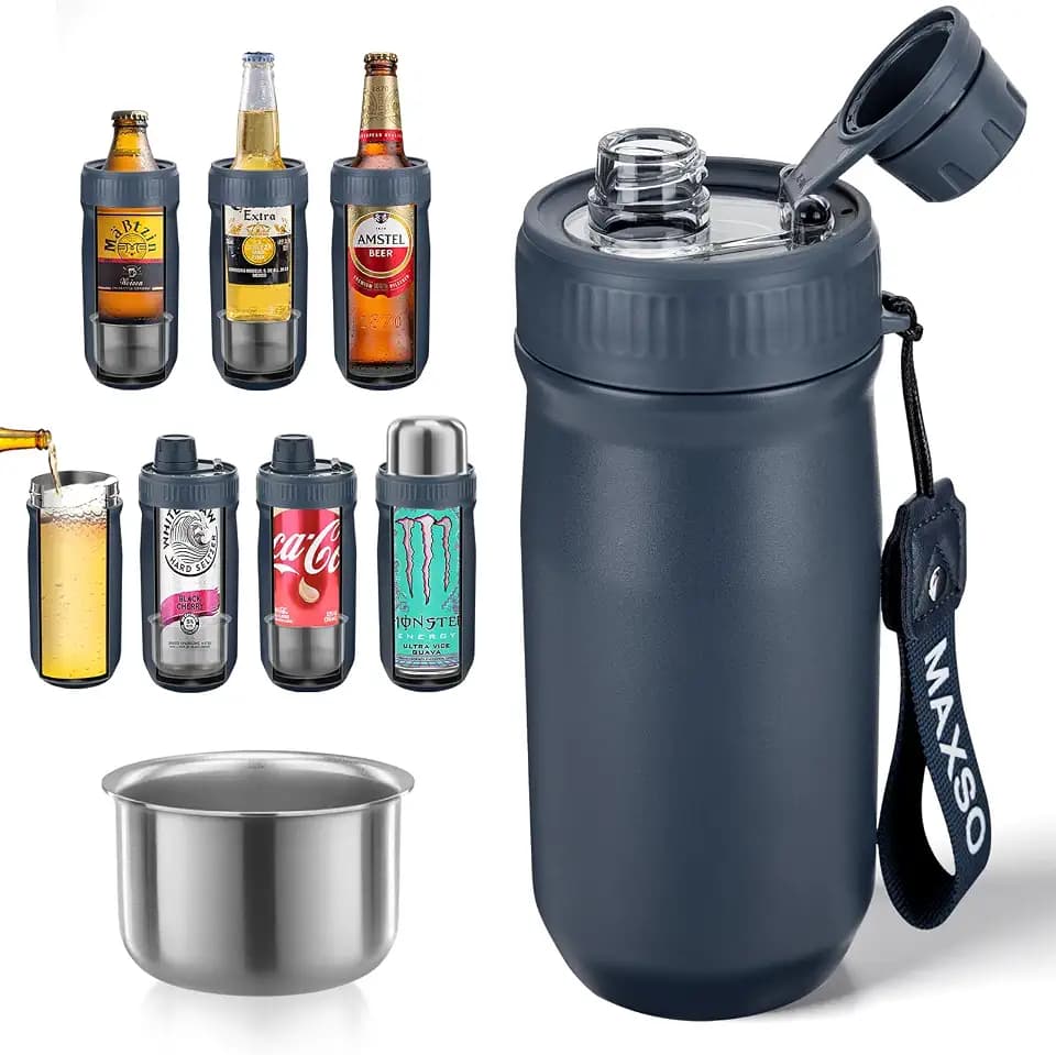 MAXSO Sealed Can Cooler Fizz Lid Can Cover for 12 oz Regular, Slim Skinny Cans & As Thermal Bottle (Navy Blue, 5-in-1)