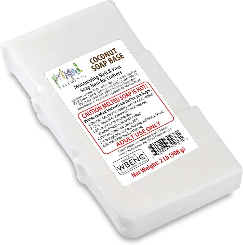 Primal Elements Coconut Oil Soap Base - Moisturizing Melt and Pour Glycerin Soap Base for Crafting and Soap Making, Easy to Cut - 2 Pound