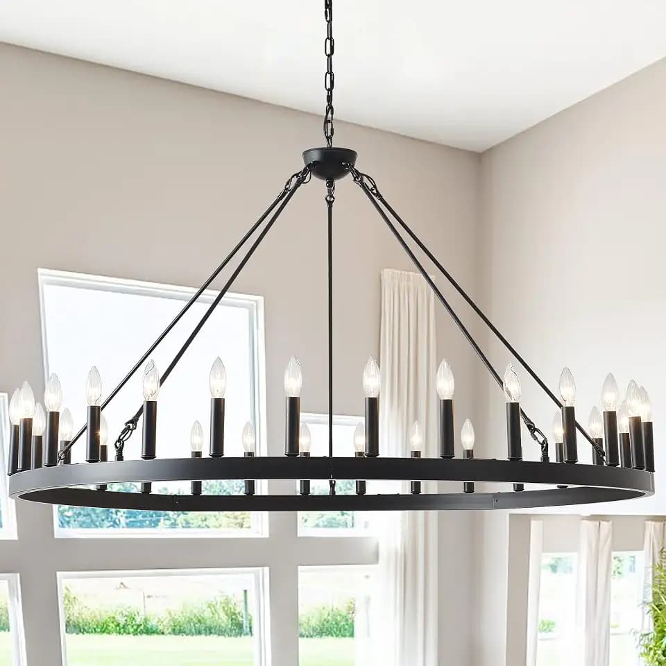 53 Inch Large Black Wagon Wheel Chandelier 30-Light Farmhouse Wagon Wheel Chandeliers Round Industrial Ceiling Light fixtures for Outdoor Porch high Ceilings Living Dining Room Foyer Entryway