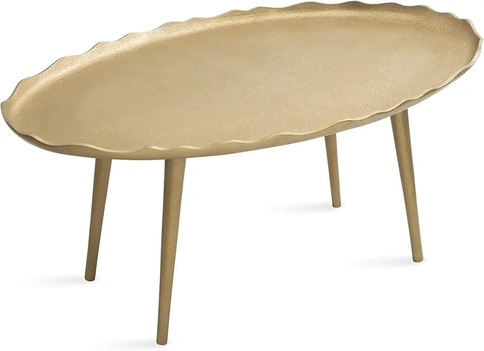 Kate and Laurel Alessia Modern Glam Oval Coffee Table; 34 x 20 x 15; Gold; Metal Living Room Table for Storage and Display with Antique Deckled Edge Detailing