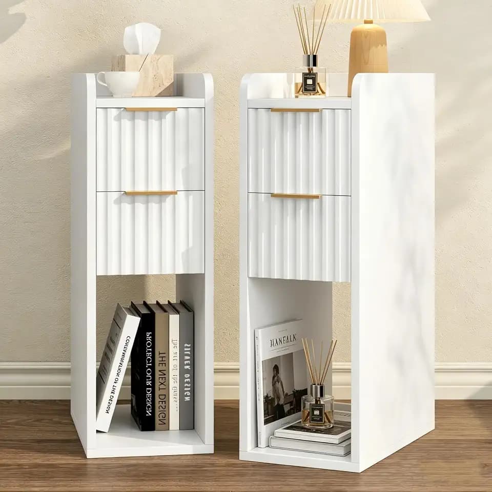 Narrow Nightstand Set of 2, 7.9" Wood Nightstands w/Fluted 2 Drawer, Slim Bed Side End Table Small Spaces Modern Skinny Wooden Night Stand for Bedroom, Living Room, White