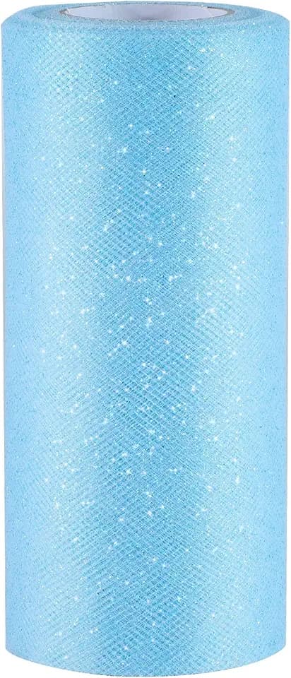 Senkary Glitter Tulle Roll Sparkling Tulle Ribbon Fabric Spool for Wedding Decoration Gift Wrapping, 6 Inch by 25 Yards (Light Blue)
