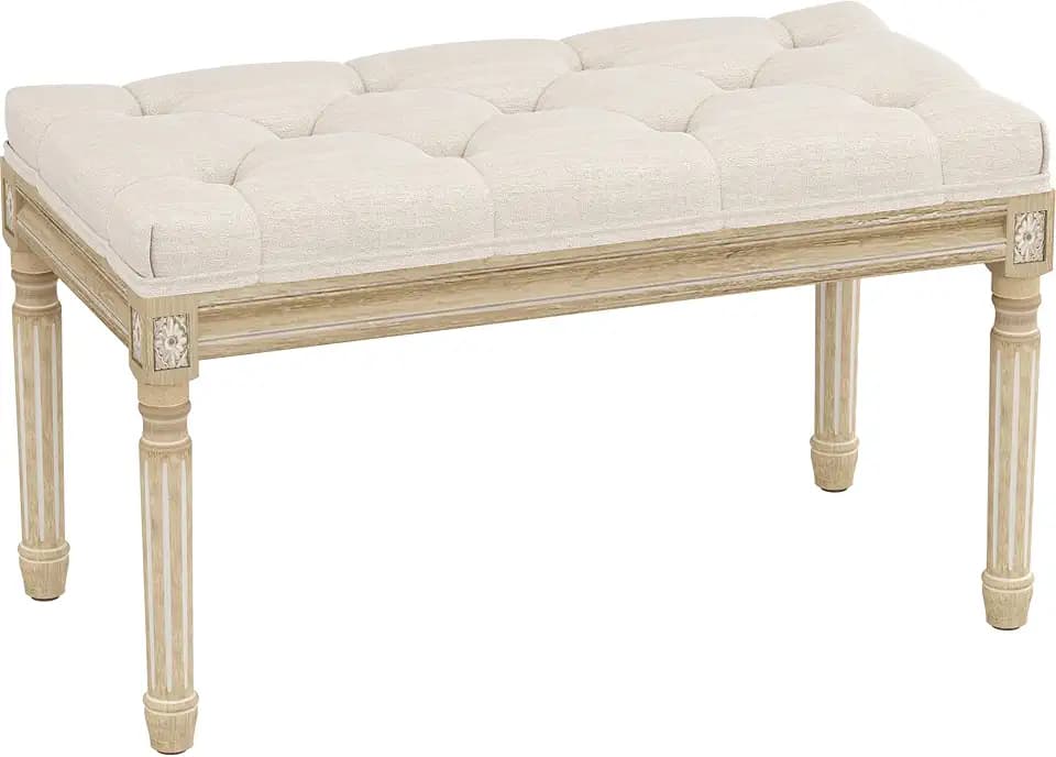 Yusong Upholstered Bench, Bedroom Bench for End of Bed, Piano Bench with Button Tufted Padded Seat for Living Room, Dining, Entryway, Shoe, Vanity Foot-Stool with Carved Wood Legs, Beige