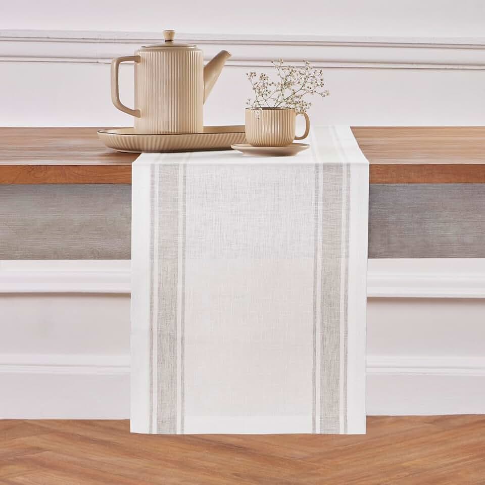Solino Home 100% Pure Linen Table Runner White, Country Stripe 14 x 72 in