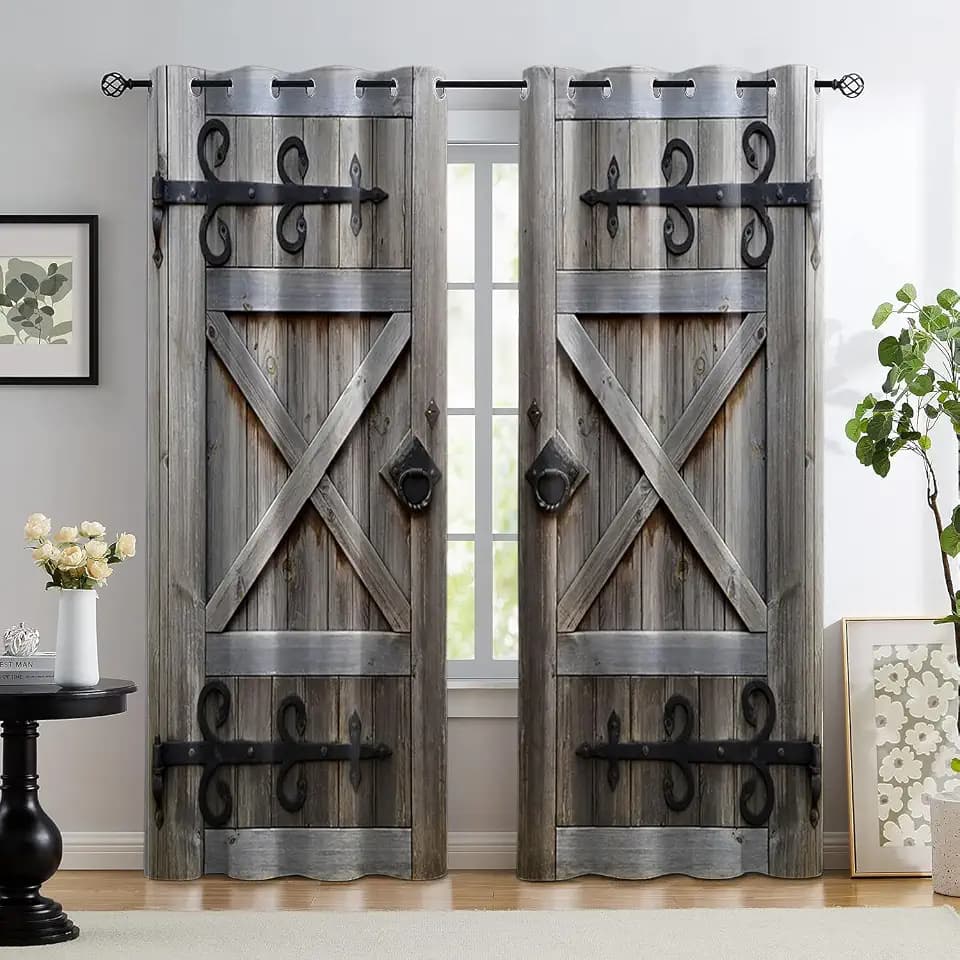 2 Panels Farmhouse Grey Wooden Barn Door Window Curtains 84" L x 53" W