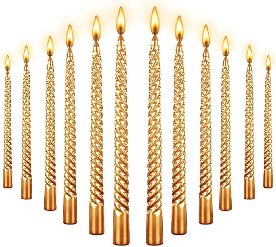 10 Inch Taper Candle, Set of 12,Tapered Candles Burn for 7 Hours, Long Sticks,Tall Candlesticks, Dinner Party, Wedding, Halloween (25cm, Gold)