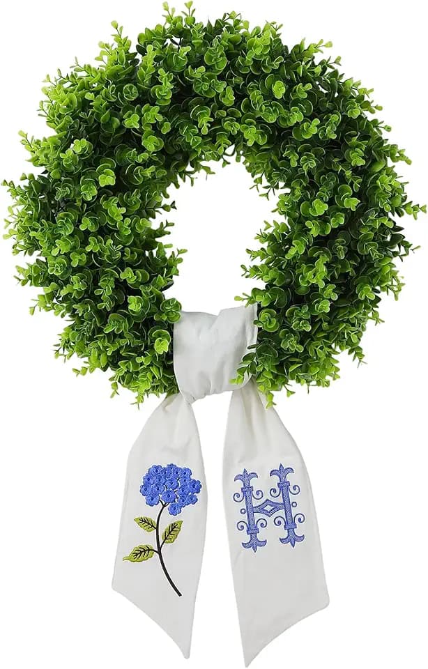 Boxwood Wreath for Front Door Spring Summer Wreaths Farmhouse Hanger,Last Name Initial Year Round Porch Decor,20 inch Multi Occasion use Wreath with Personalized Monogram sash Embroidered - (H)