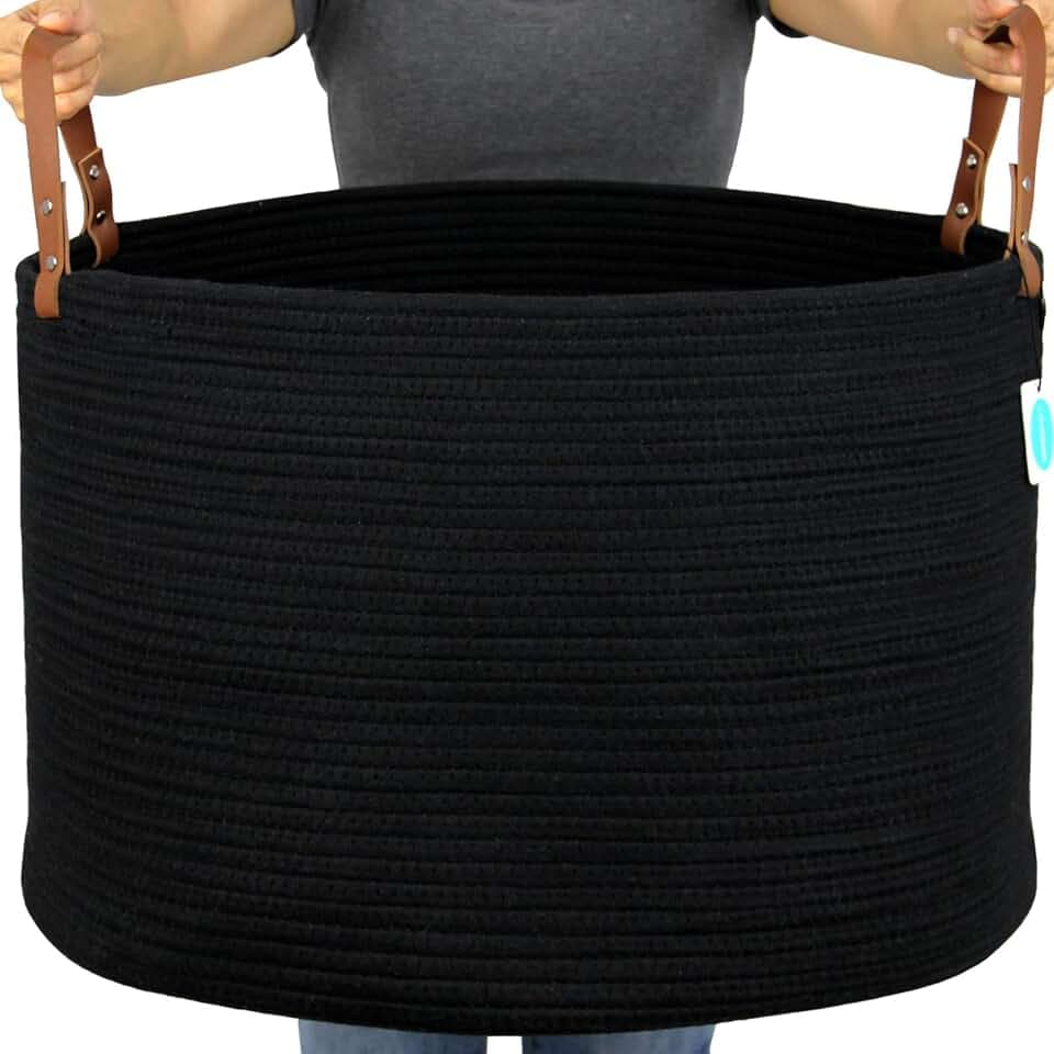 Casaphoria XXXLarge Cotton Rope Basket for Living Room - Woven Storage Basket with long Handle for Blankets, Towels and Pillows Laundry Hamper | Black (20" x 20" x 13")