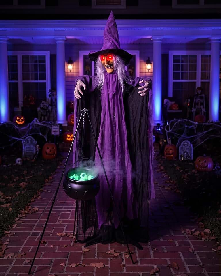 Outdoor Halloween Decorations Animatronics Witch with Witches Cauldron, Outdoor Halloween Decro, Life Size Sound Activated Props Scary Ghost for Haunted House Decorations Yard Lawn Decor (Green)