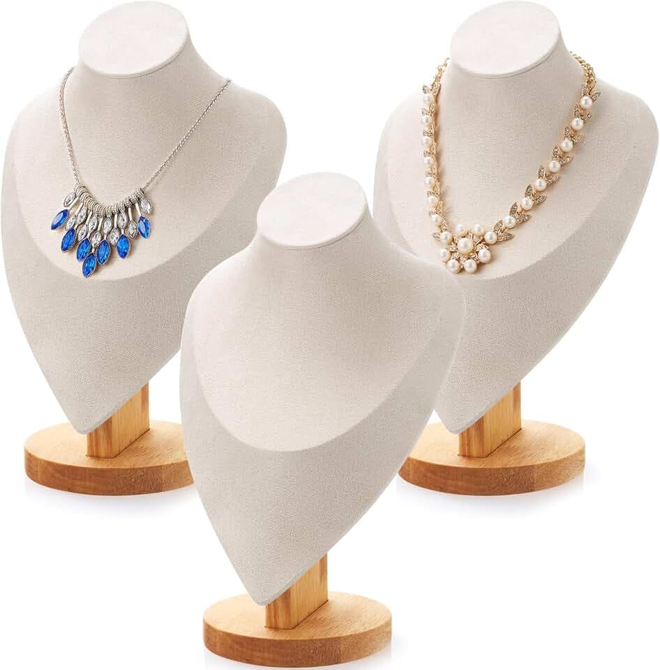 Juexica 3 Pcs Necklace Display Stand Bamboo Jewelry Bust Display Stands Beige Bust for Selling for Vendors Trade Organizer(11.4 x 7.5 Inches)