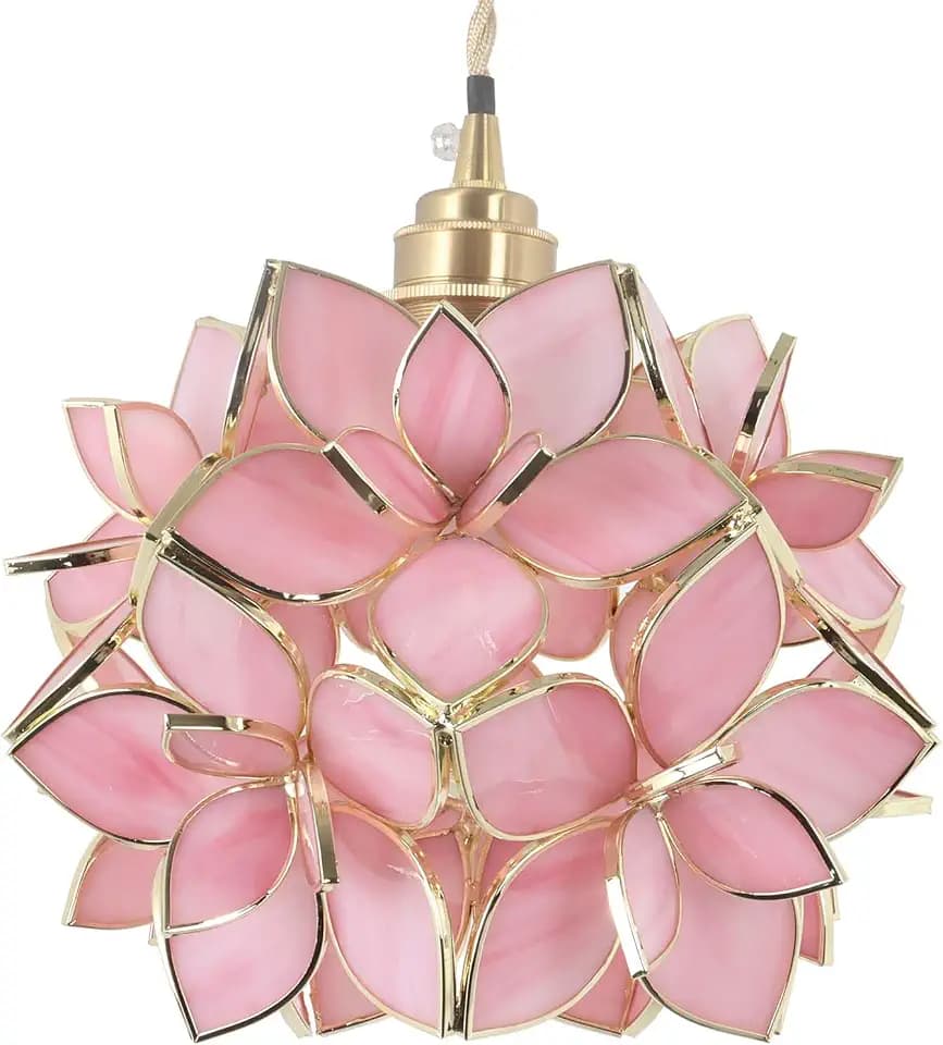 Bieye L10913 Petals Tiffany Style Stained Glass Ceiling Pendant Light with 8-inch Wide Lampshade (Pink, 8" Rose Lily)