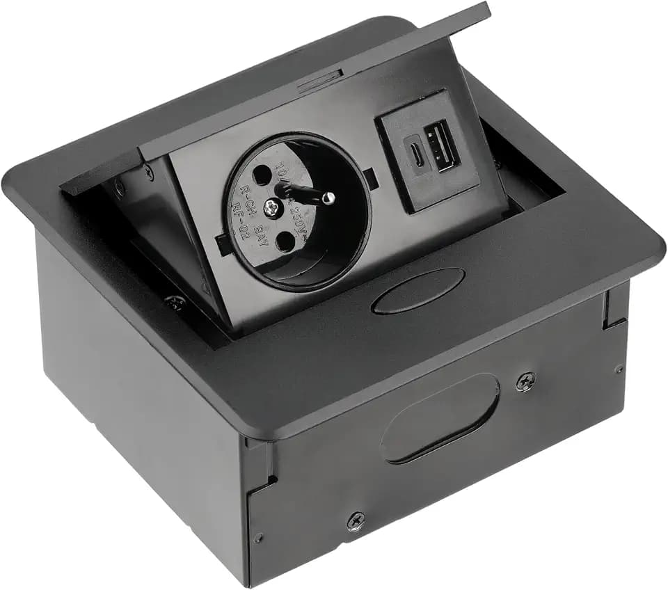 GTV - Möbelsteckdose AVARO, 1x French Steckdose, USB A+C, Kabellänge 1,5m, Farbe Schwarz, für Schreibtische, Tischplatte, Küchen und Büro | Kompakte Abmessungen