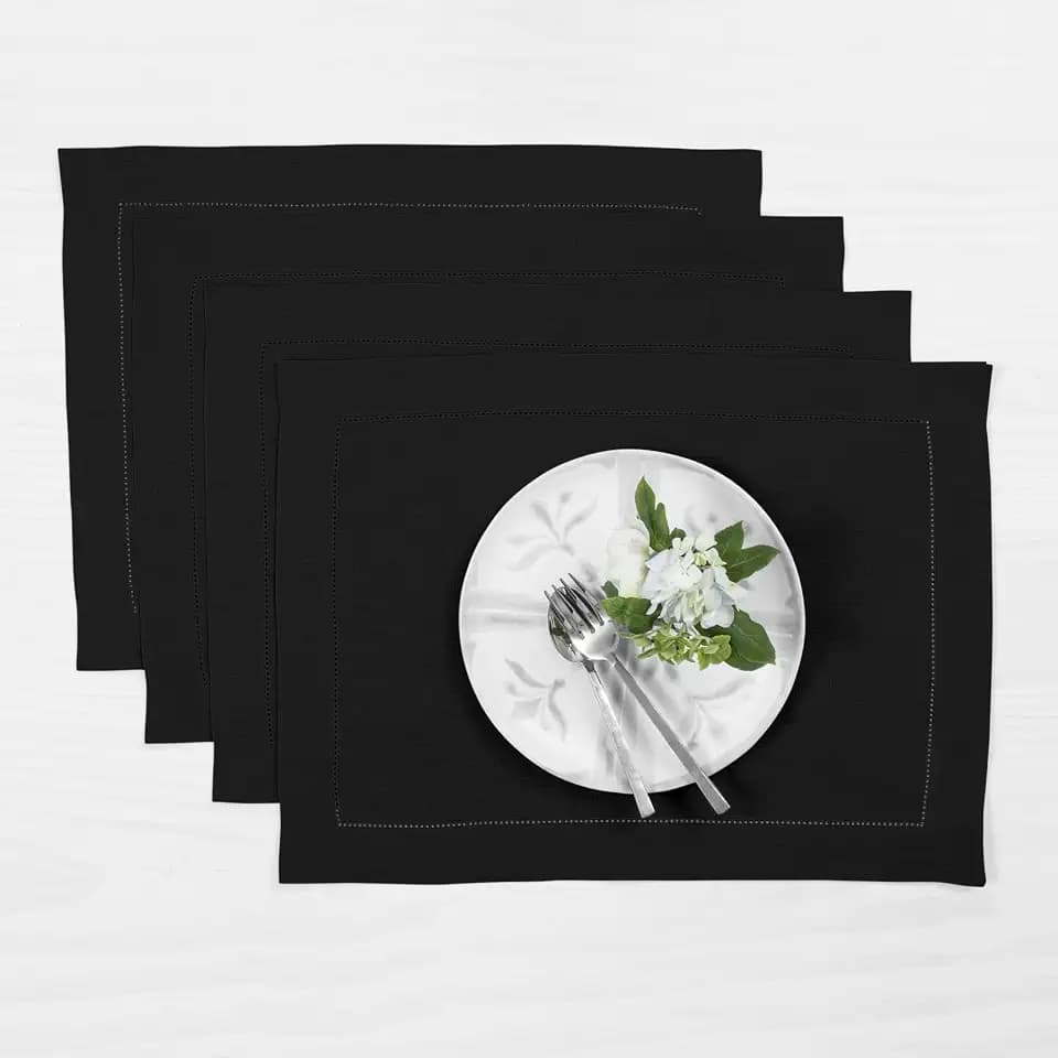 Solino Home 100% Pure Linen Placemats Black Hemstitch, 14 x 19 in, Set of 4