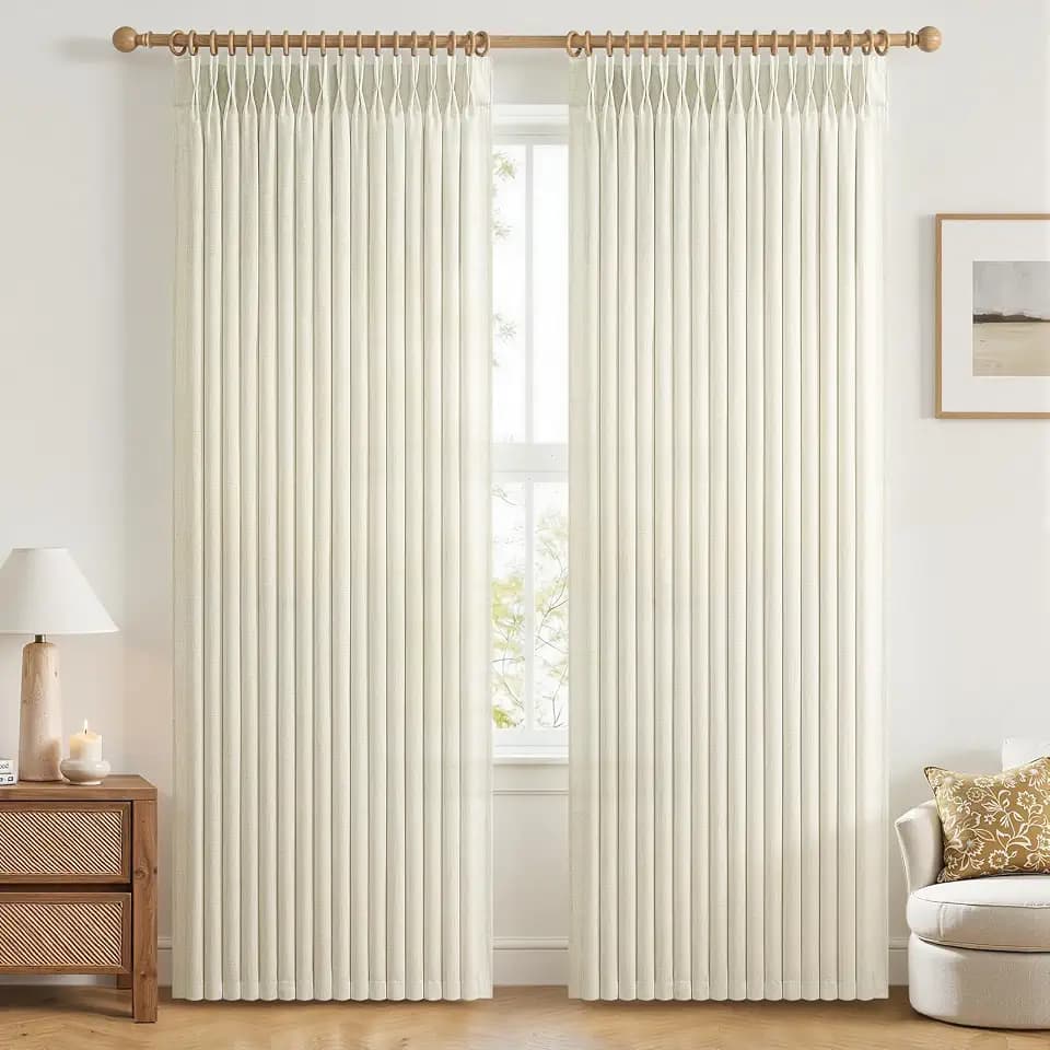 Pleated Linen Cream Living Room Curtains 96 Inches Long 2 Panels, Memory Trained Light Filtering Semi Sheer Boho Curtain 8FT Length 50 Inch Wide Privacy Window Drapes for Living Room with Hook & Rings