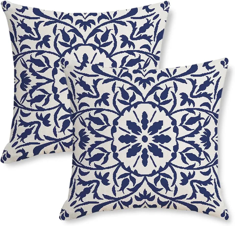 Navy Blue Boho Throw Pillow Covers 18x18 Inch Set of 2 Vintage Blue Floral Print Botanical Patterned Pillowcase Square Cushion Cases Modern Farmhouse Home Decor for Sofa Couch Bed Living Room