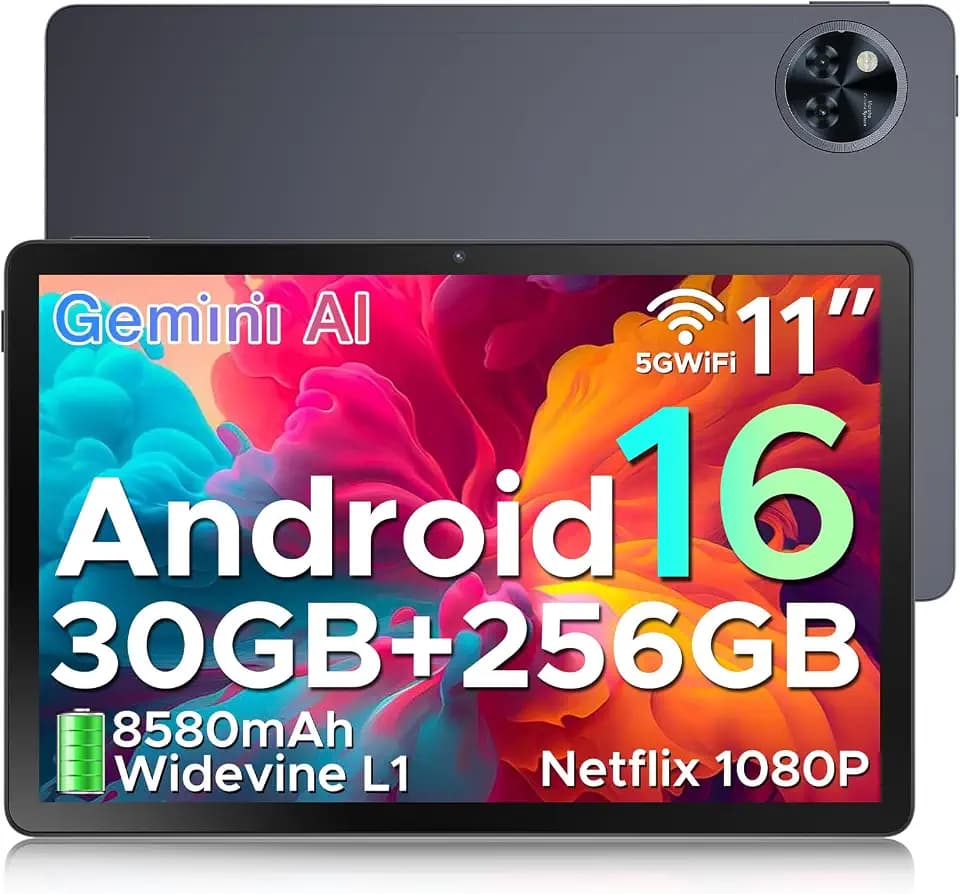 U11 Pro Android 16 Tablet 11 Zoll, 30GB RAM+256GB ROM (2TB TF) 8580mAh, 90Hz Display, Unisoc T7200 Octa Core Tablet PC, 13MP+5MP, 5G WiFi/Widevine L1/ GPS/Face ID/OTG