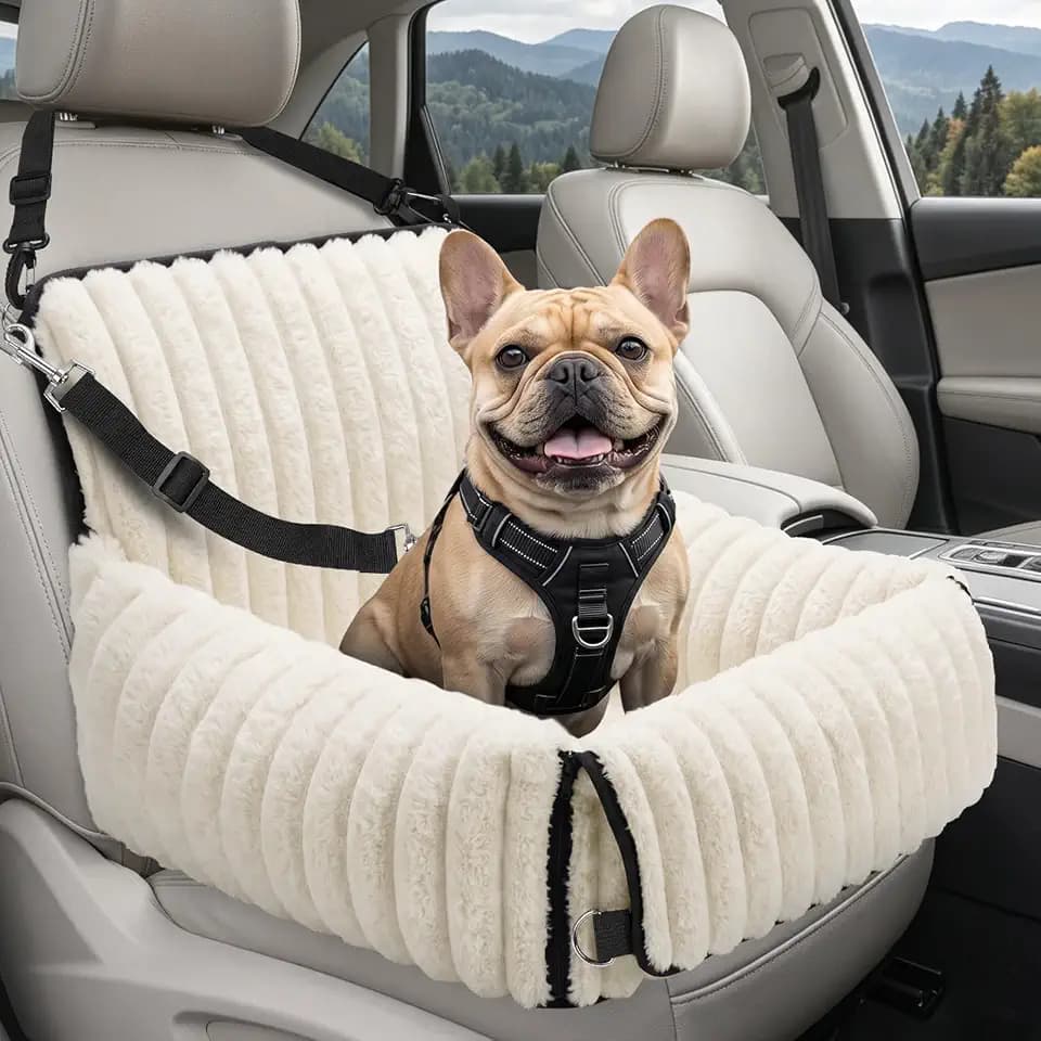 MIXJOY Hunde Autositz für kleine bis mittlere Hunde, Waschbarer Ansteckbare Leine verdickter Memory-Schaum-Füllung, Hundebett Auto für Rückbank Vordersitz, Beige