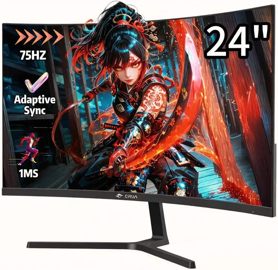 CRUA 24" Curved Monitor, 75 Hz, Full HD 1920 x 1080, 100% sRGB, AdaptiveSync, Blaulichtfilter, für Zuhause und Büro, Wandmontage möglich – Weiß