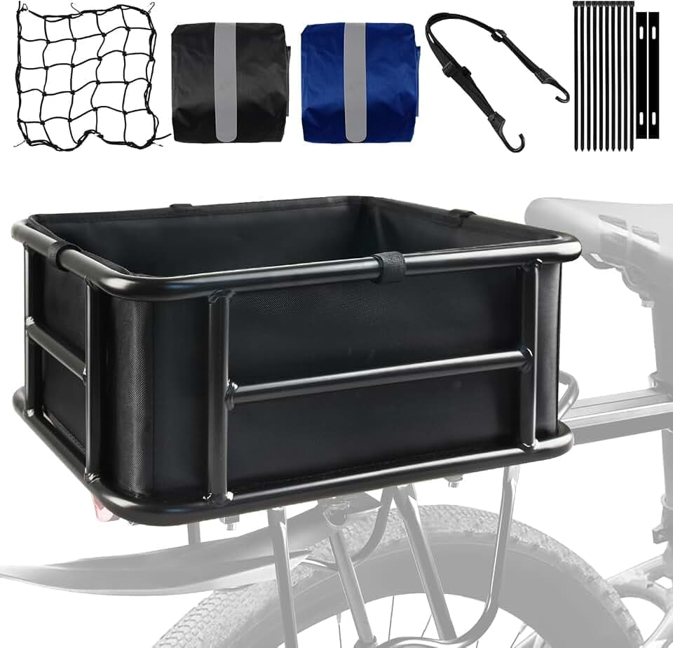 Rear Rack Bike Basket, Large Rear Bike Basket with Liners & Cargo Net & 2 Rain Covers, Heavy Duty Metal Bicycle Basket for Bicycle, Ebike, Electric Bike