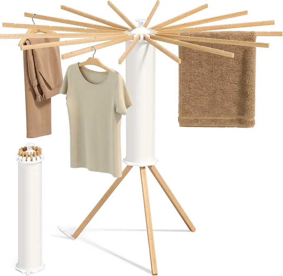 SONGMICS Clothes Drying Rack, Foldable Rotary Tripod, 16 Pull-Out Wood Arms