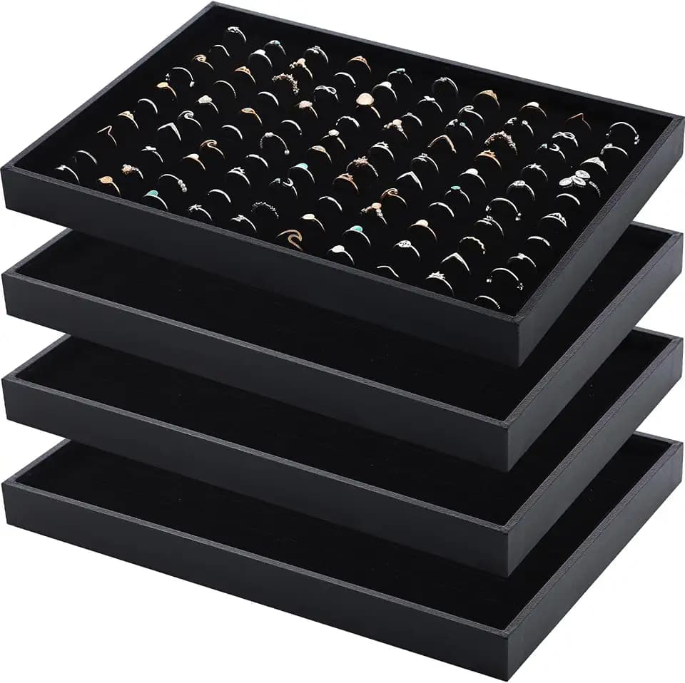 Wenqik 4 Pcs Black Velvet Ring Display Tray Bulk Ring Board 100 Slot Insert