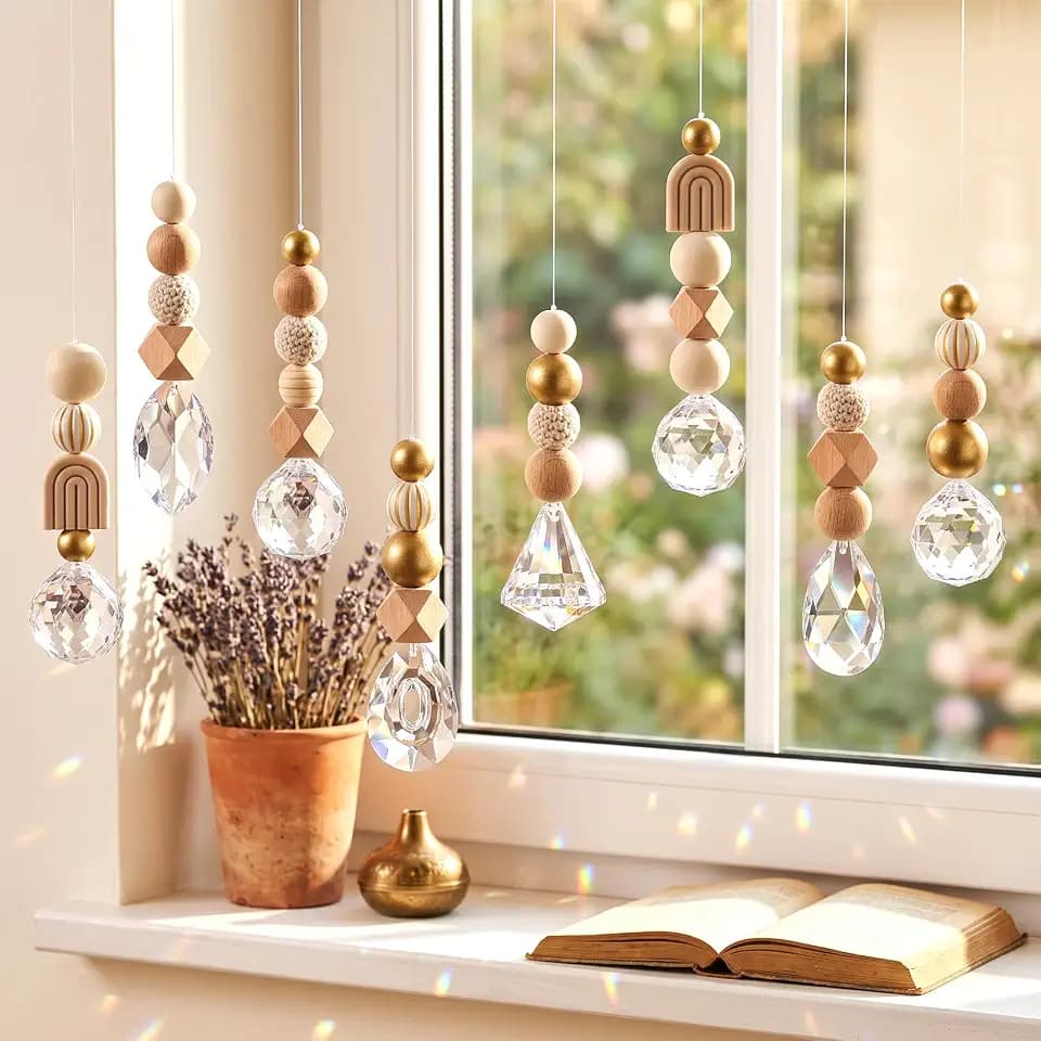 8 Stück Sonnenfänger Kristall mit Holzperlen, DIY Suncatcher Fenster Deko