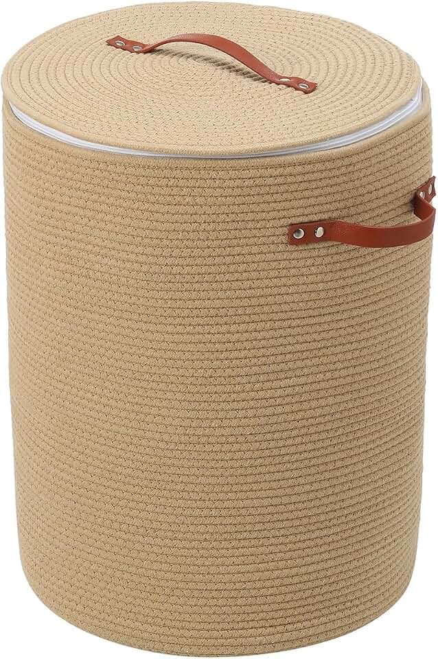 16"x20" Extra Large Cotton Rope Basket with Zipper Lid, Woven Laundry Hamper and Blanket Storage Basket, Round Clothes Bin for Living Room Bedroom, Beige