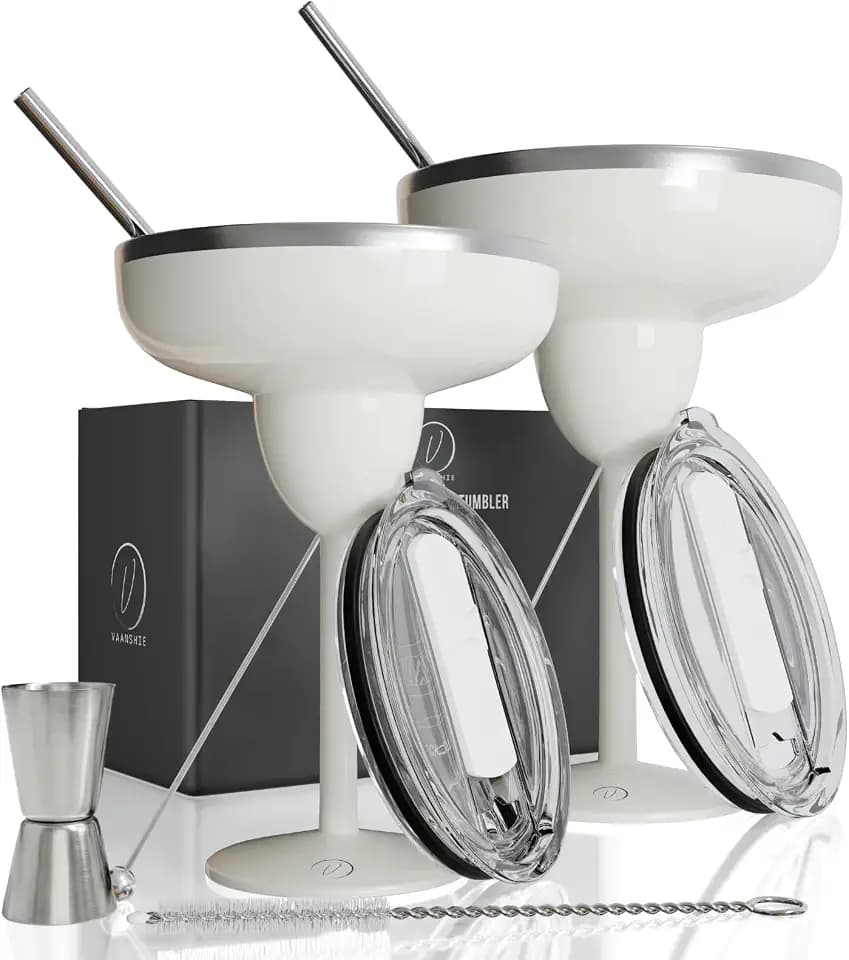 Mother’s Day Gift for Mom – Set of 2 Cream Insulated Stainless Steel Margarita Glasses with Lid, Unbreakable Cocktail Tumbler Set, Keeps Drinks Cold, Gift for Women Wife Friend