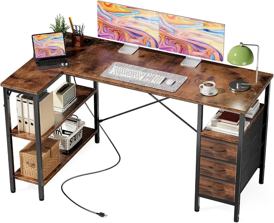 DUMOS L Shaped Desk with Drawers, Gaming Desk, 55 Inch