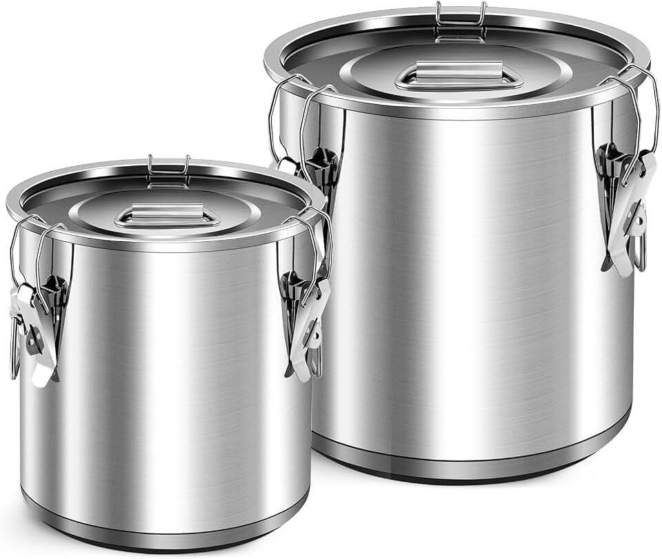 Suclain 2 Pack 304 Stainless Steel Airtight Canister with Locking Clamp Metal Sealed Food Storage Containers for Flour Rice Cereal Grain Coffee Bean and Pet Food (12l+21l)