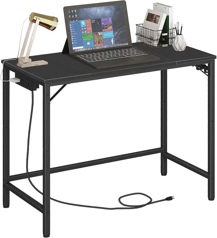 HOOBRO Computer Desk, 31.5 Inch Small Desk with Power Outlet, Writing Table with USB Charging Ports and 3 Hooks for Home Office, Study Room, Bedroom, Easy to Assemble, Black BB40UDN01