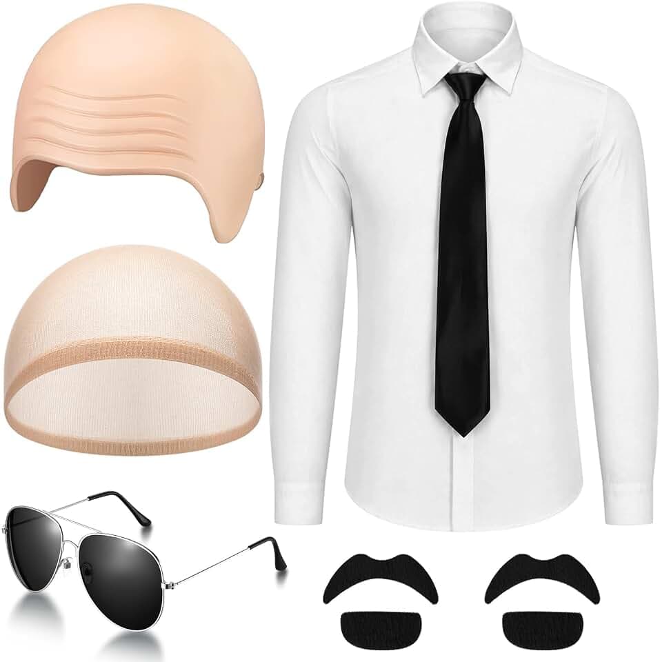 Thiccywoov 9 Pcs Bald Cap Set with Sunglass Shirt Tie Mustache Halloween Cosplay Party Costume for Men Women Adults