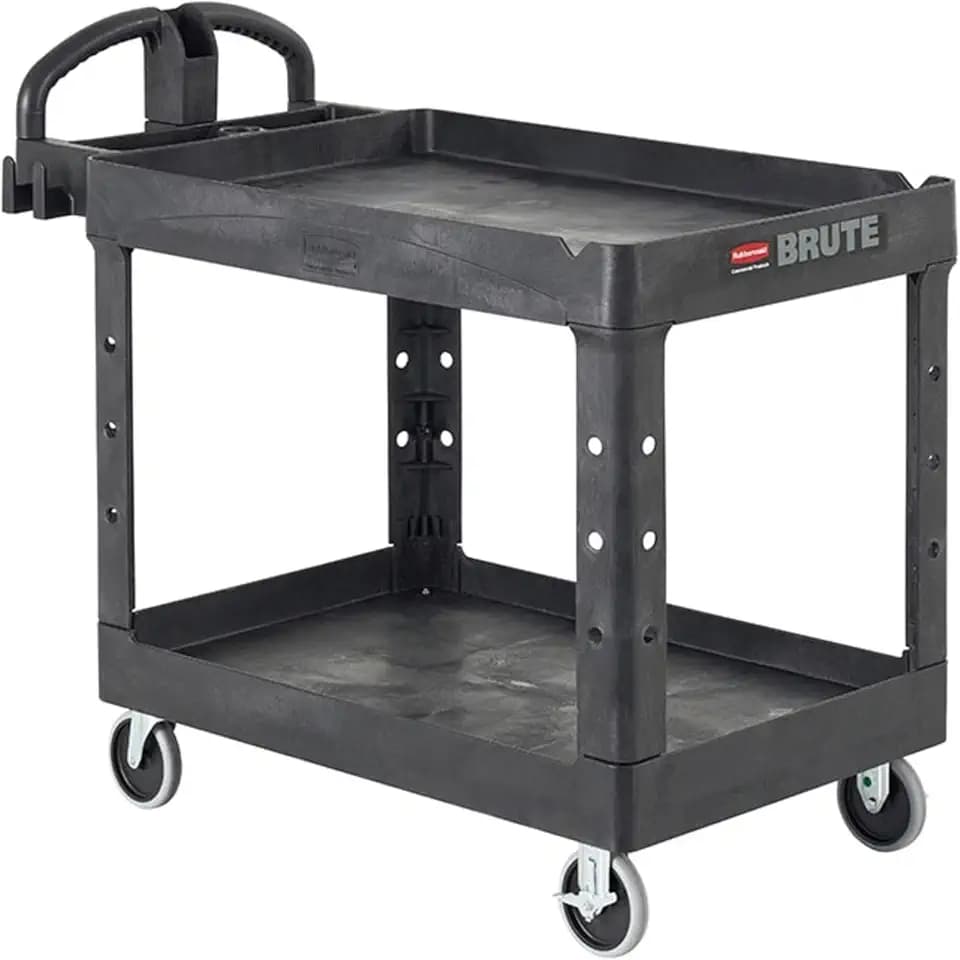 Rubbermaid Commercial Products 2-Shelf Utility/Service Cart, Small, Lipped Shelves, Ergonomic Handle, 500 lbs. Capacity, for Warehouse/Garage/Cleaning/Manufacturing