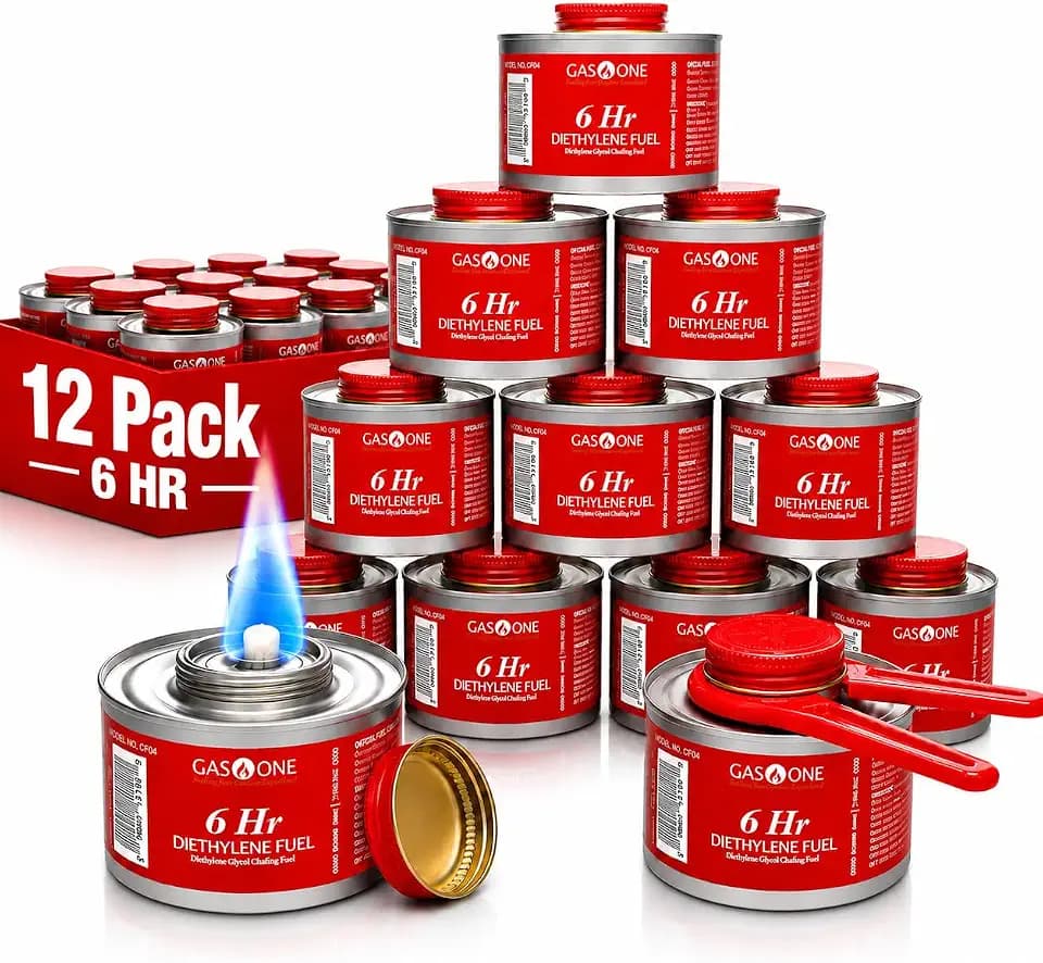 Gas One 12 Pack 6 Hour Chafing Fuel - Food Warmer for Chafing Dish Buffet Set - Reusable Liquid Safe Fuel With Wick & Lid Opener
