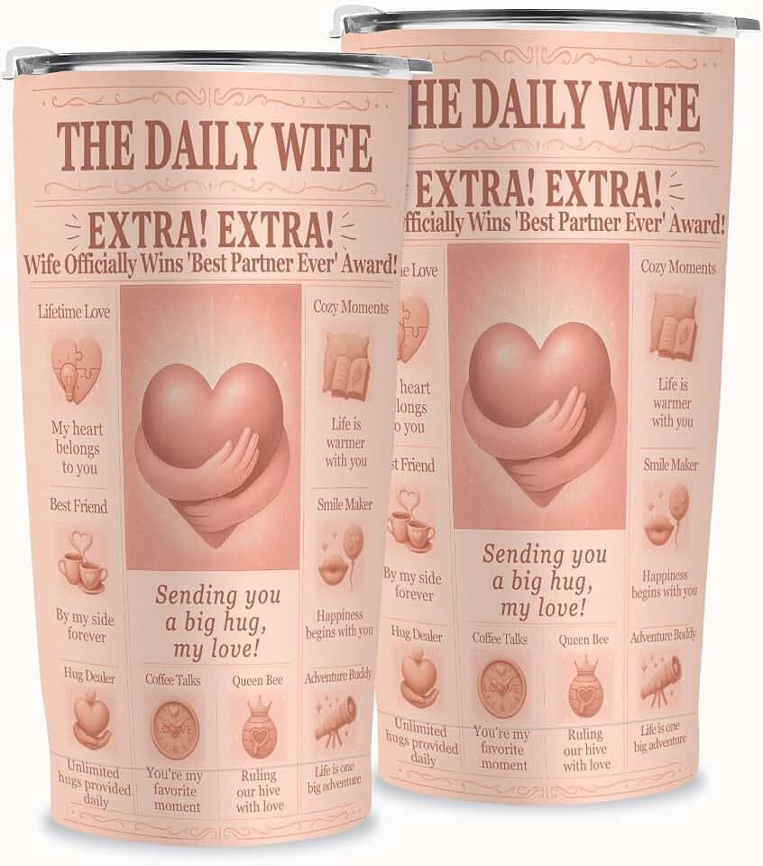 Wife Gift 20oz Insulated Tumbler , Romantic Newspaper Theme Travel Mug with Lid, Gift from Husband - Anniversary, Birthday, Christmas, Valentine's Day, Stainless Steel Cup for Hot or Cold Drinks