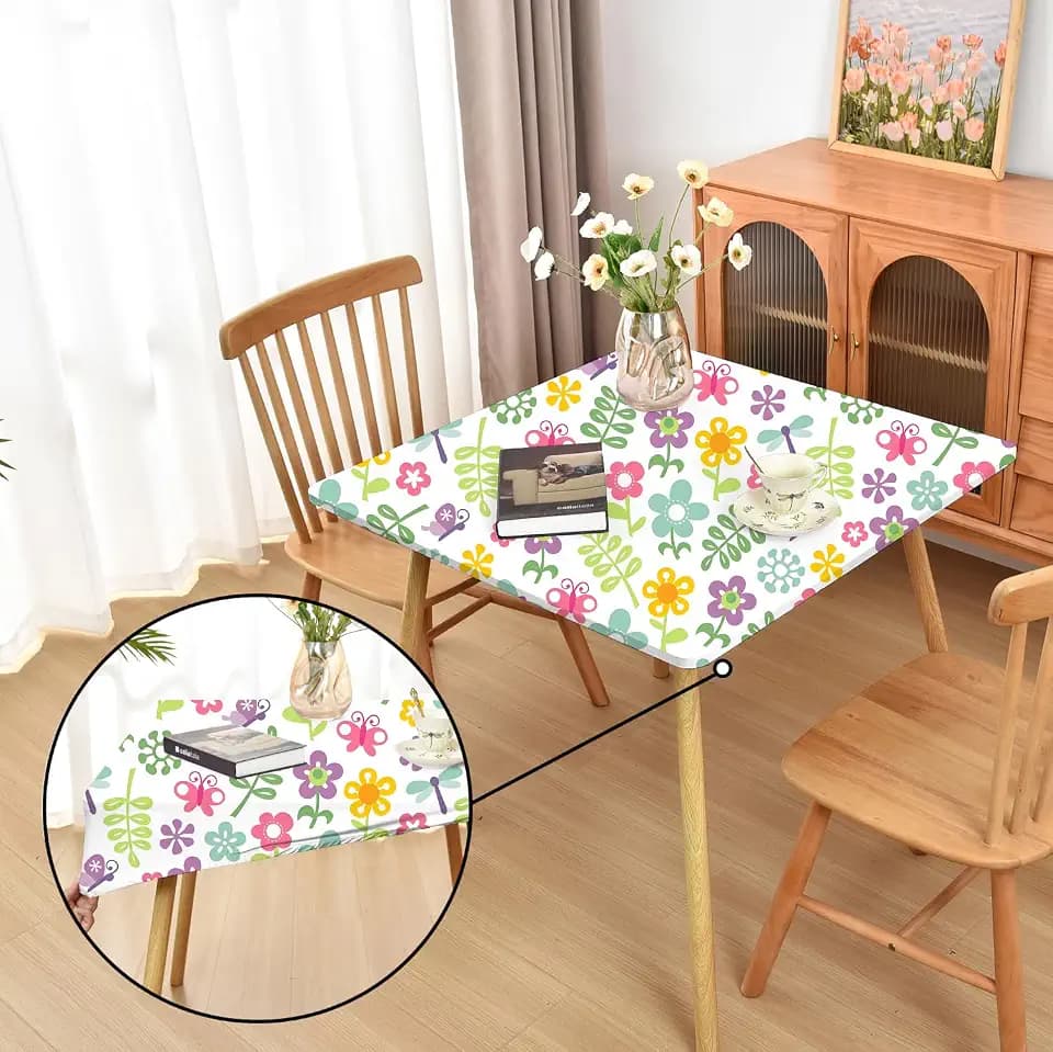 Spring Cute Floral Fitted Tablecloth with Elastic for 48x48 inch Square Folding Tables Washable Stretchy Spandex Card Table Covers Cloth Wildflower Fabric Table Cloths Not Vinyl