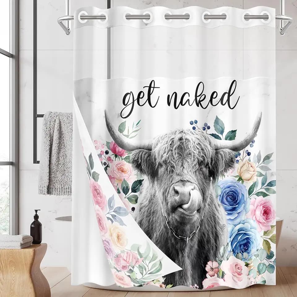 No Hook Shower Curtain with Snap in Liner 71x74 Inch Cow Pink