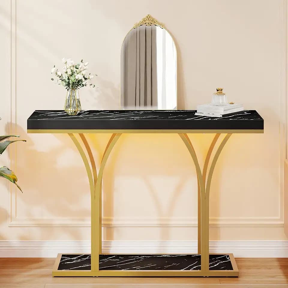 DWVO 39" Gold LED Narrow Console Table, Marble Top Foyer Table, Black