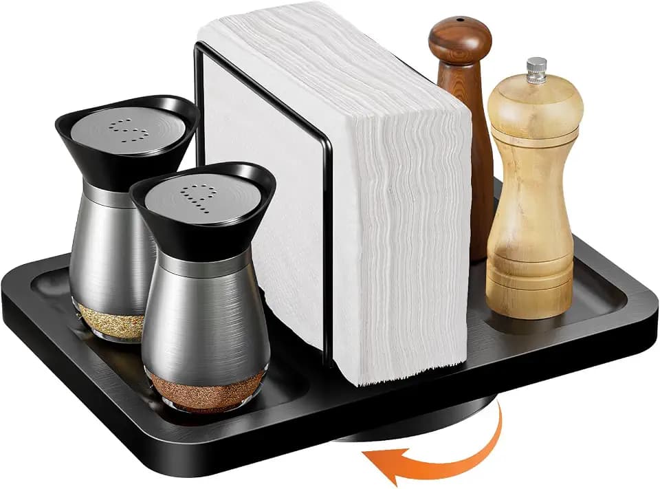 Rotating Napkin Holder for Table with Salt Pepper Shakers Caddy, Black
