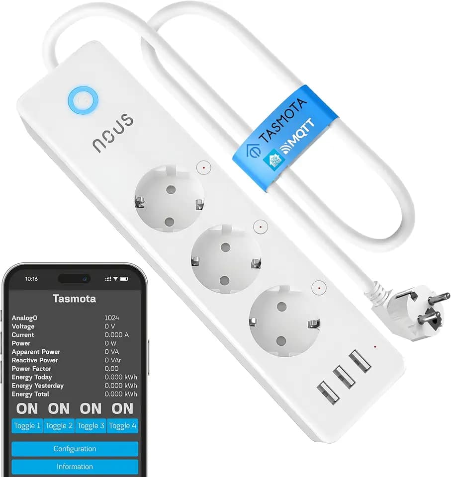 Tasmota steckdosenleiste mit USB hub - NOUS A5T - ESP8266 WLAN wandmontage mehrfachsteckdose 15A smart WiFi mehrfachstecker mit stromzähler, zeitschaltuhr. ioBroker Home Assistant Alexa 2.4GHz