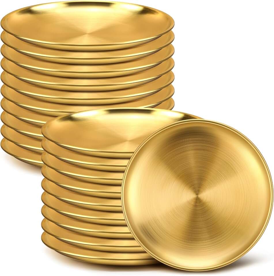 Nuogo 20 Pcs 9 Inch Gold Stainless Steel Plates, Metal Serving Tray