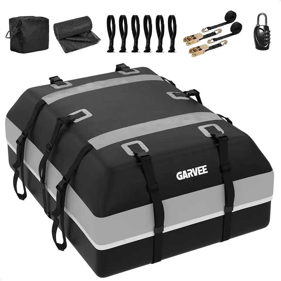 Garvee Car Rooftop Cargo Carrier Bag - 21 Cubic Feet Waterproof Soft Shell Roof Cargo for All Vehicles with/Without Rack, Includes Ratchet Straps, Anti-Slip Mat, Door Hooks, Luggage Lock